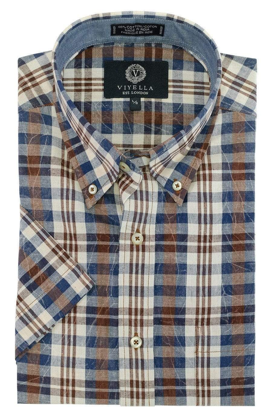 Viyella Brown and Blue Plaid 100% Cotton Madras Cotton Button Down Short Sleeve Shirts