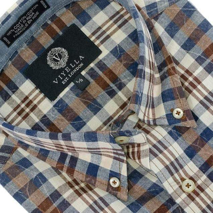 Viyella Brown and Blue Plaid 100% Cotton Madras Cotton Button Down Short Sleeve Shirts