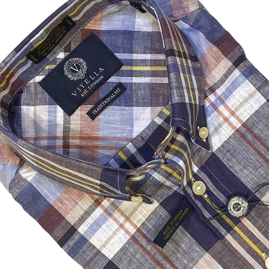 Viyella Canadian Made Cotton and Linen Blue Plaid Button Down Short Sleeve Sport Shirts