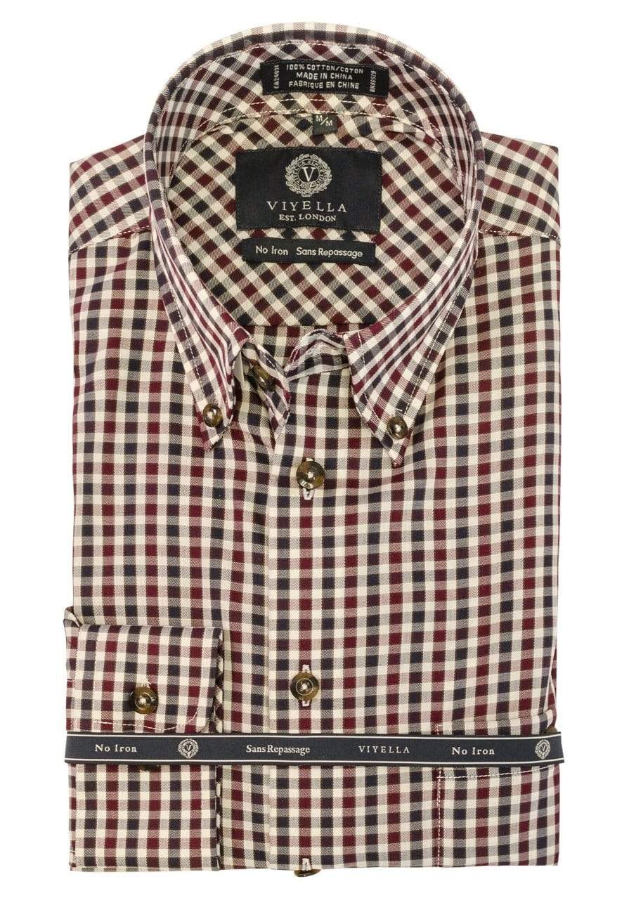 Viyella Mens Viyella Burgundy Button-Down Long Sleeve Cotton Non Iron Shirts