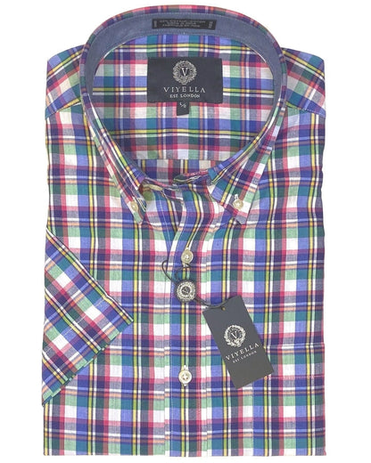 Viyella Men's Rose Plaid 100% Cotton Madras Short-Sleeves Sport Shirt to Stand Out