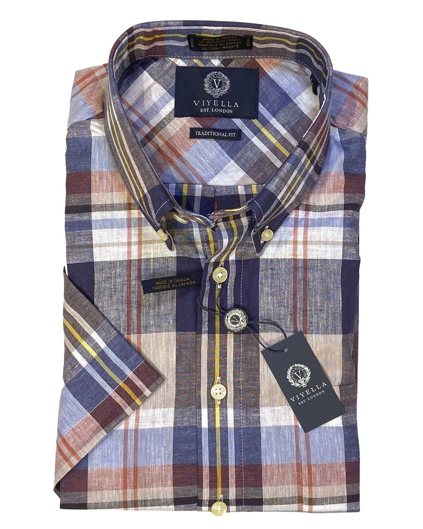 Viyella Canadian Made Cotton and Linen Blue Plaid Button Down Short Sleeve Shirts