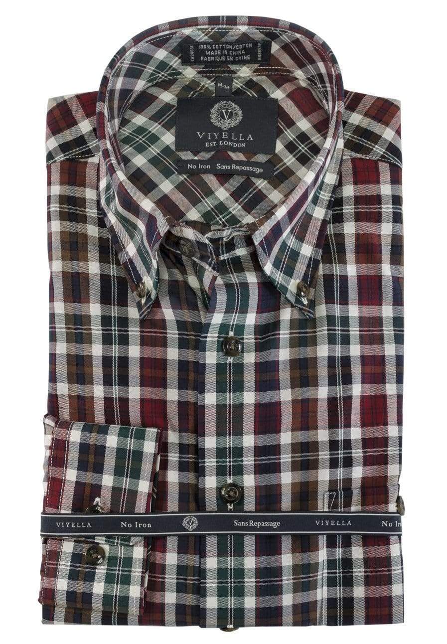 Viyella Black & Burgundy Button-Down Long Sleeve Cotton Plaid Non Iron Shirts