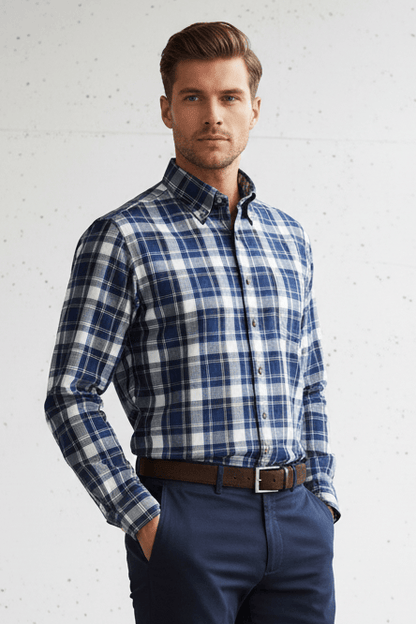 Viyella Blue Plaid Long Sleeve Men's Button-Down – Classic & Stylish