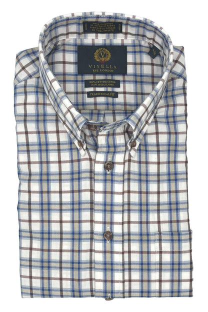 Viyella Brown & Blue Check 80% Cotton Wool Long Sleeve Button Down Shirt