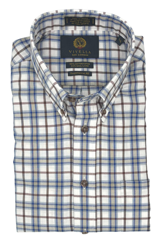 Viyella Brown & Blue Check 80% Cotton Wool Long Sleeve Button Down Shirt