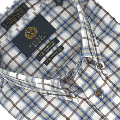 Viyella Brown & Blue Check 80% Cotton Wool Long Sleeve Button Down Shirt