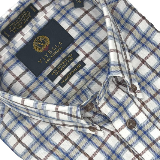 Viyella Brown & Blue Check 80% Cotton Wool Long Sleeve Button Down Shirt