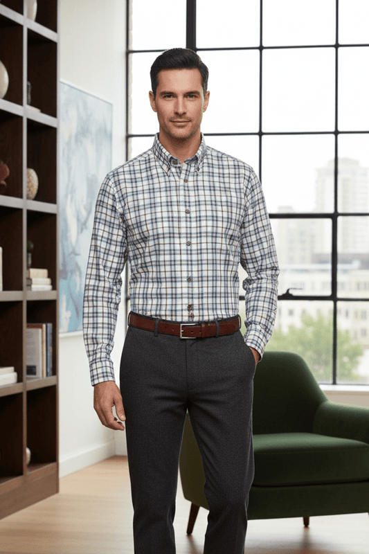 Viyella Brown & Blue Check 80% Cotton Wool Long Sleeve Button Down Shirt