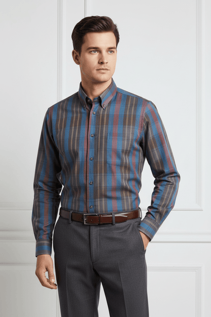 Viyella Brown Plaid 80% Cotton Wool Men’s Casual Long Sleeve Shirt