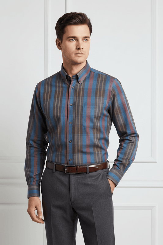 Viyella Brown Plaid 80% Cotton Wool Men’s Casual Long Sleeve Shirt