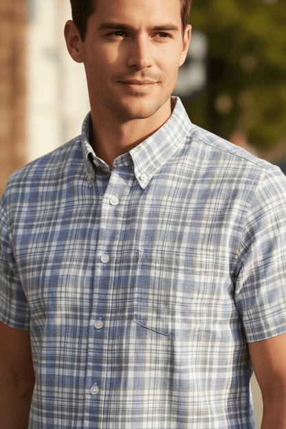 Viyella Blue Plaid Men's Premium Cotton & Linen Short Sleeve Shirt