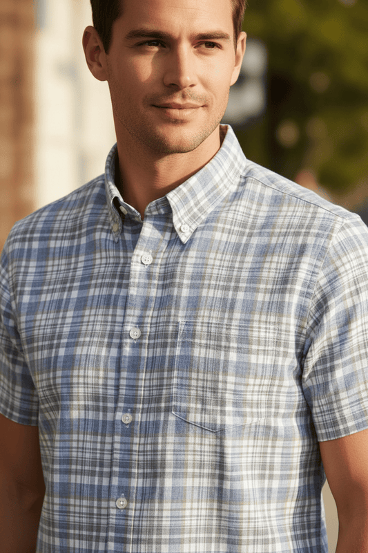 Viyella Blue Plaid Men's Premium Cotton & Linen Short Sleeve Shirt