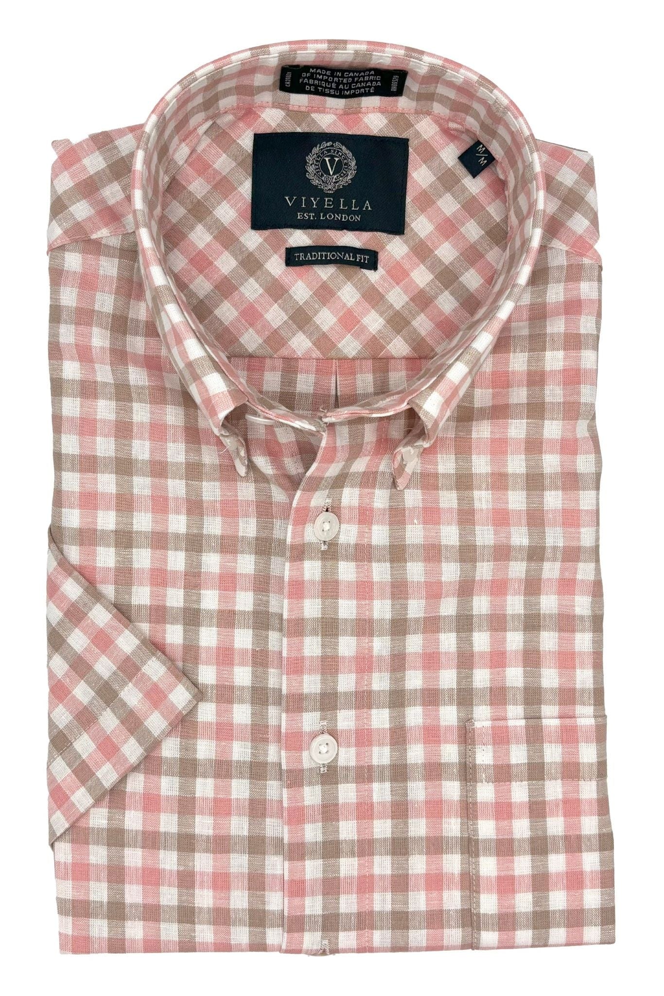 Viyella Coral Gingham Men's Short Sleeve Shirt in Cotton & Linen