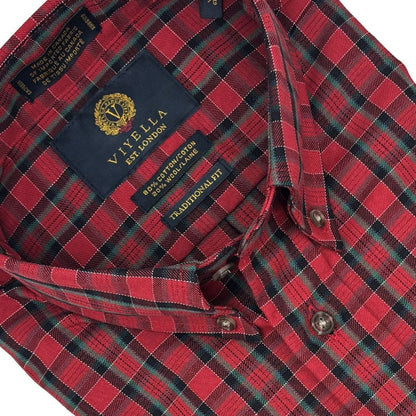 Viyella Red & Green Plaid 80% Cotton Wool Men’s Long Sleeve Shirt