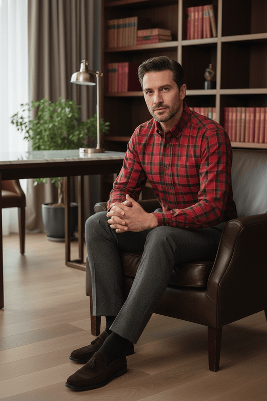 Viyella Red & Green Plaid 80% Cotton Wool Men’s Long Sleeve Shirt