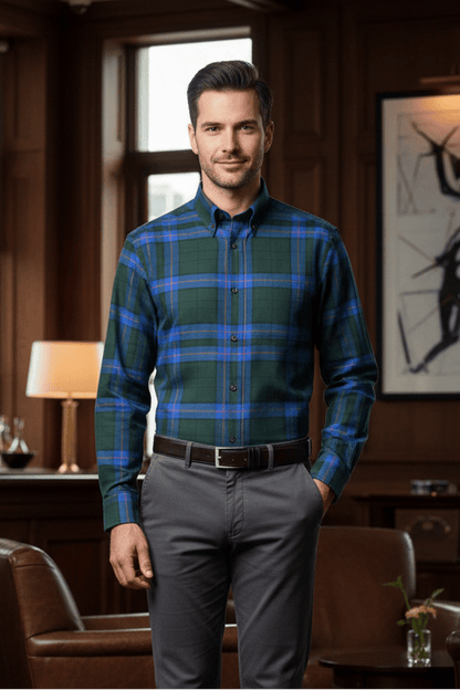 Viyella Green Plaid Cotton & Cashmere Men's Button Down Made In Canada