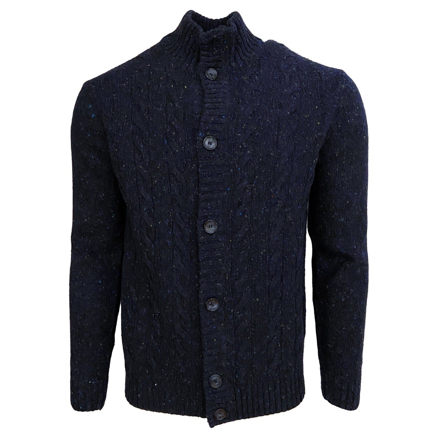 Viyella Stay Stylish and Cozy with this Indigo Blue Cotton Blend Mock Collar Button Front Cardigan: Perfect for Every Occasion