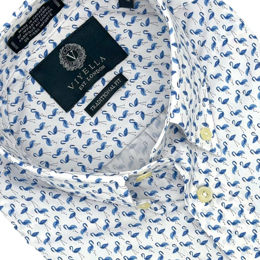 Viyella Men's Short Sleeve Button Down Shirts - Blue Flamingo Print