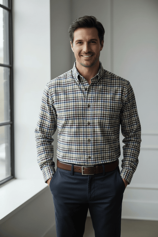 Viyella Multi Colored Cotton & Cashmere Gingham Men's Casual Long Sleeve Sport Shirt