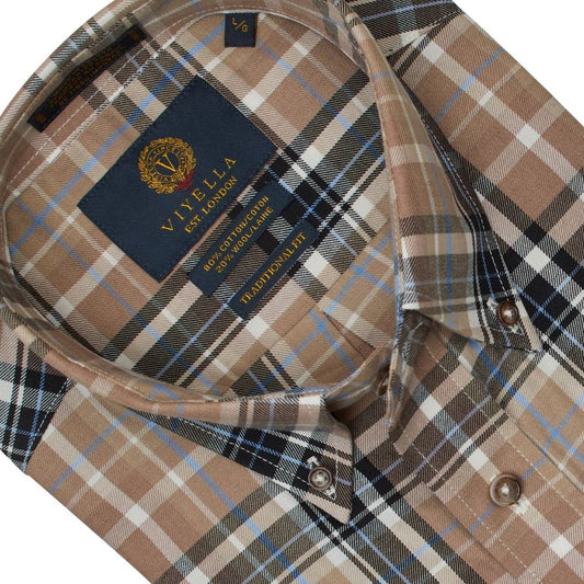 Viyella Mushroom Plaid with Blue & Black Accent Colors Long Sleeve Shirts