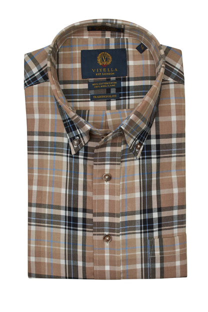 Viyella Mushroom Plaid with Blue & Black Accent Colors Long Sleeve Shirts