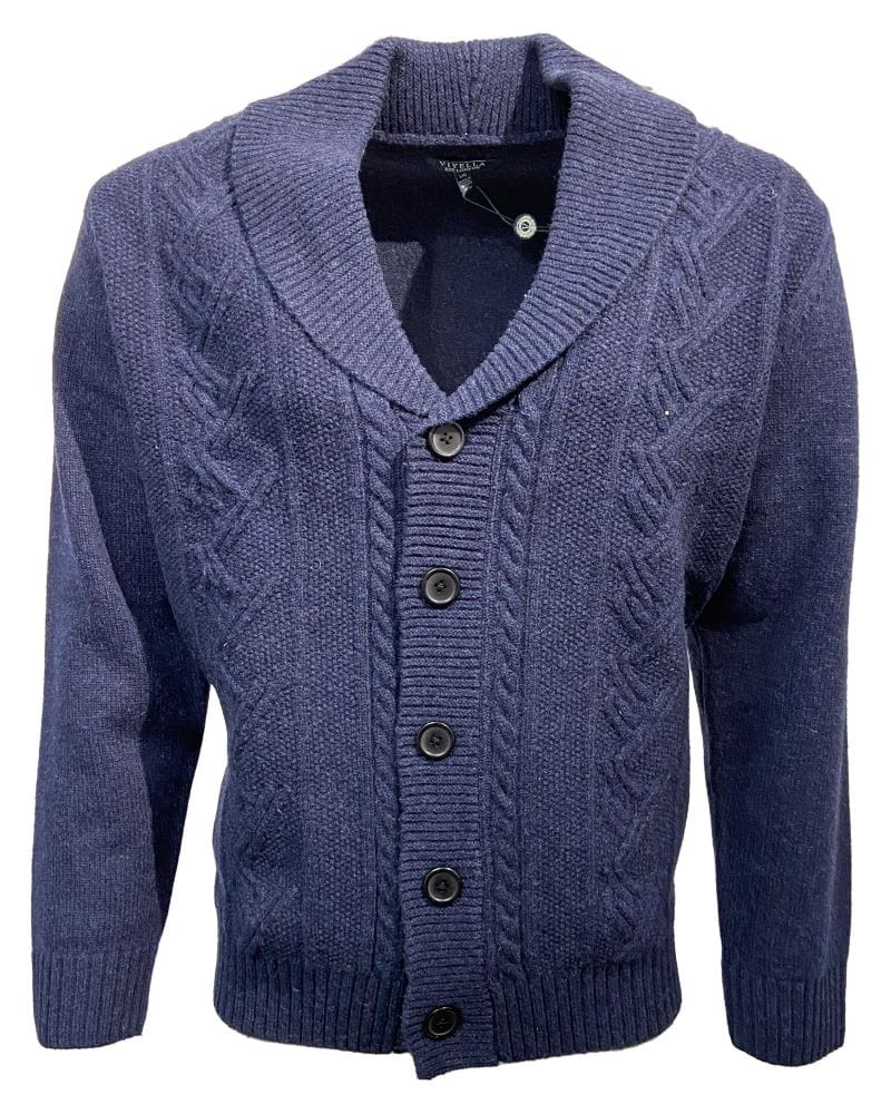 Viyella Stay Cozy and Trendy in our Indigo Shawl Collar Cable Knit Cardigan - Wool Blend, 5 Buttons"