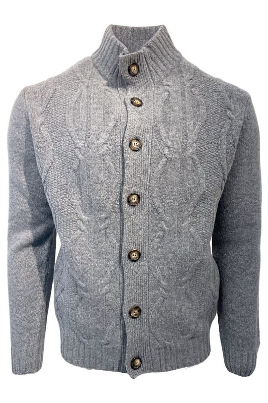 Viyella Stay Cozy and Trendy in our Grey Mockneck Cable Knit Cardigan - Wool Blend, 5 Buttons"
