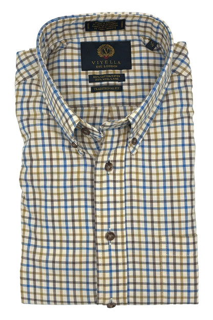 Viyella String Check Blue & Brown 80% Cotton Wool Long Sleeve Sport Shirt