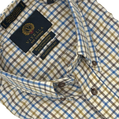 Viyella String Check Blue & Brown 80% Cotton Wool Long Sleeve Sport Shirt