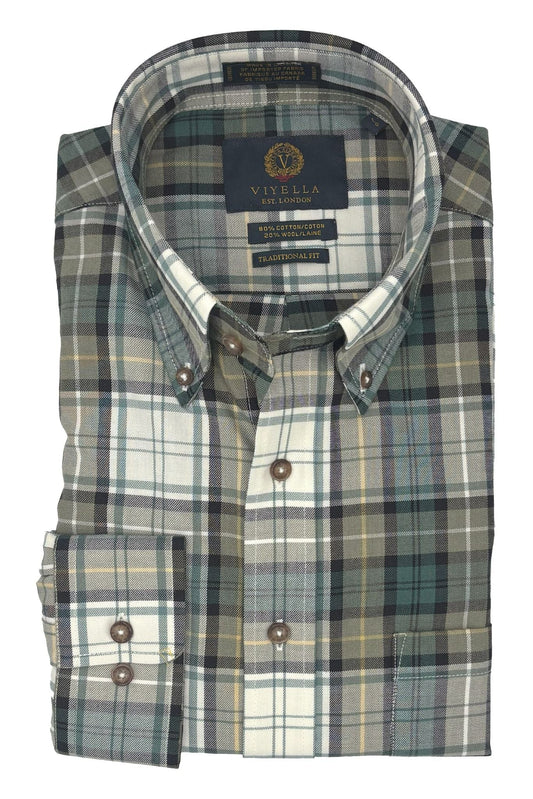 Viyella Tailored Fit •	Warm Sage Green Plaid Men's Long Sleeve Shirt - Cotton & Wool Blend