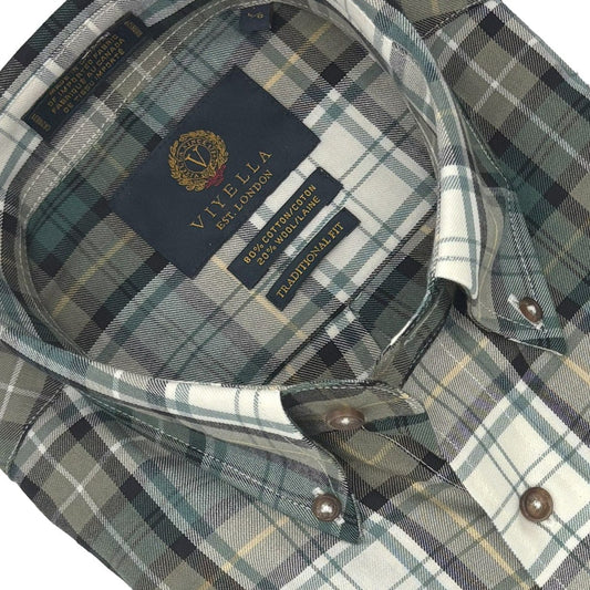 Viyella Tailored Fit •	Warm Sage Green Plaid Men's Long Sleeve Shirt - Cotton & Wool Blend