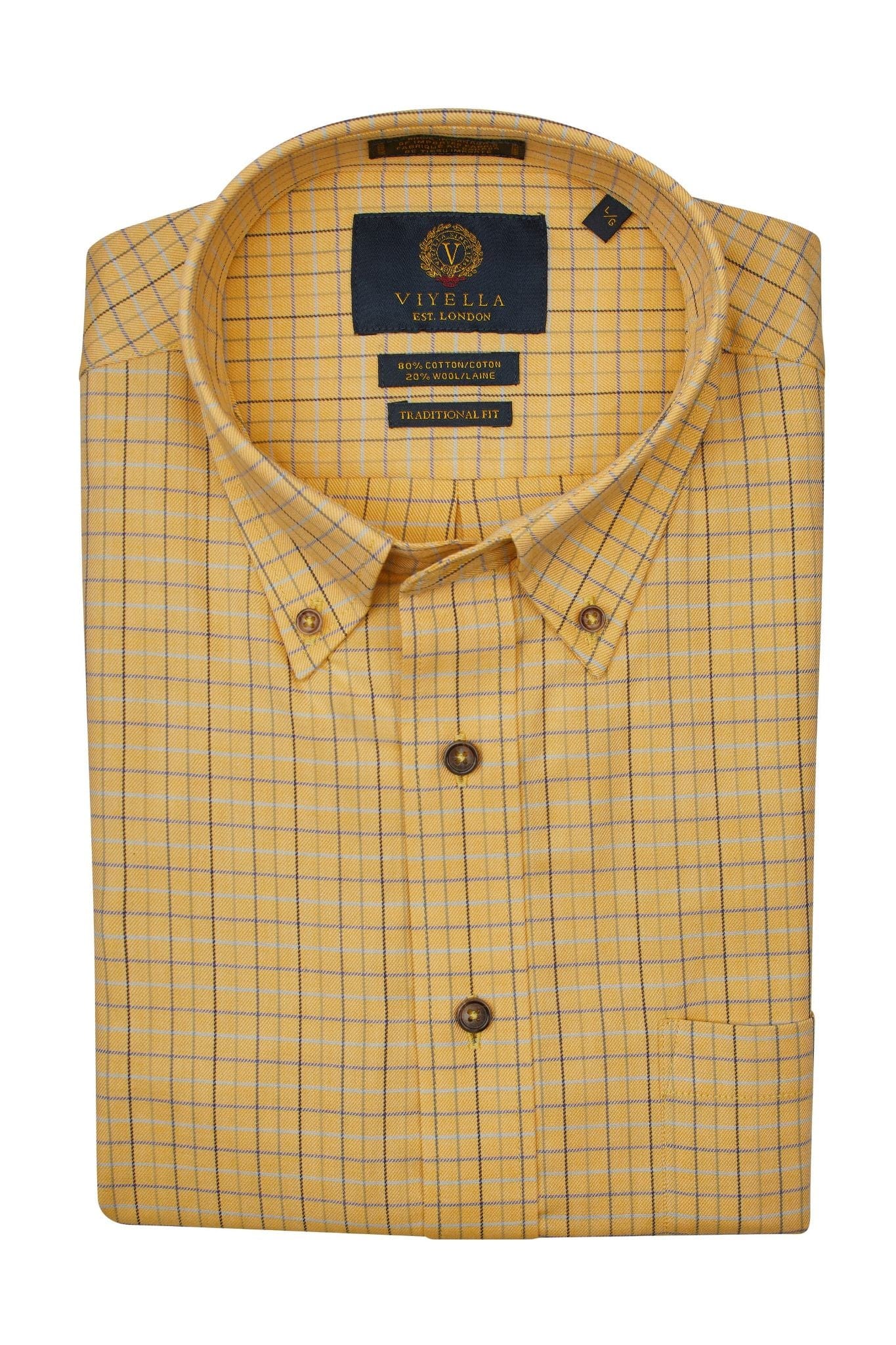 Viyella Tailored Fit Yellow Check Cotton & Wool Long Sleeve Shirts