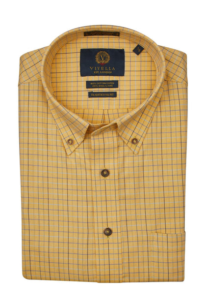 Viyella Tailored Fit Yellow Check Cotton & Wool Long Sleeve Shirts