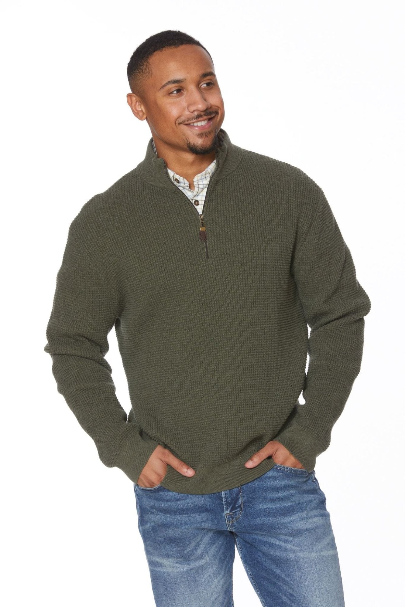 Viyella Green Mockneck Quarter Zip Cotton Mens Knit Sweater