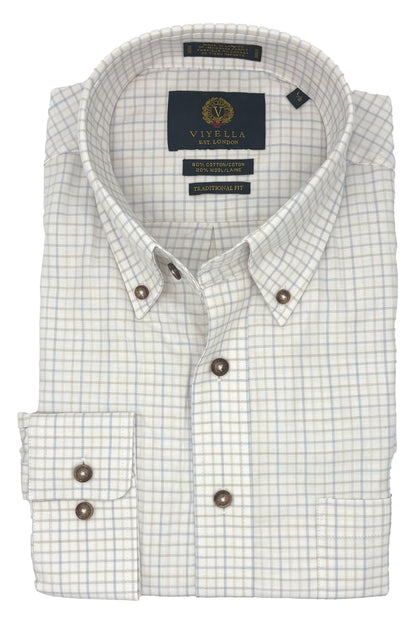Viyella White & Blue Gingham Winter Sport Shirt - Long Sleeve Style