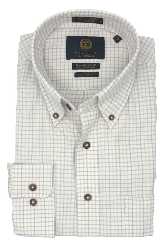 Viyella White & Blue Gingham Winter Sport Shirt - Long Sleeve Style