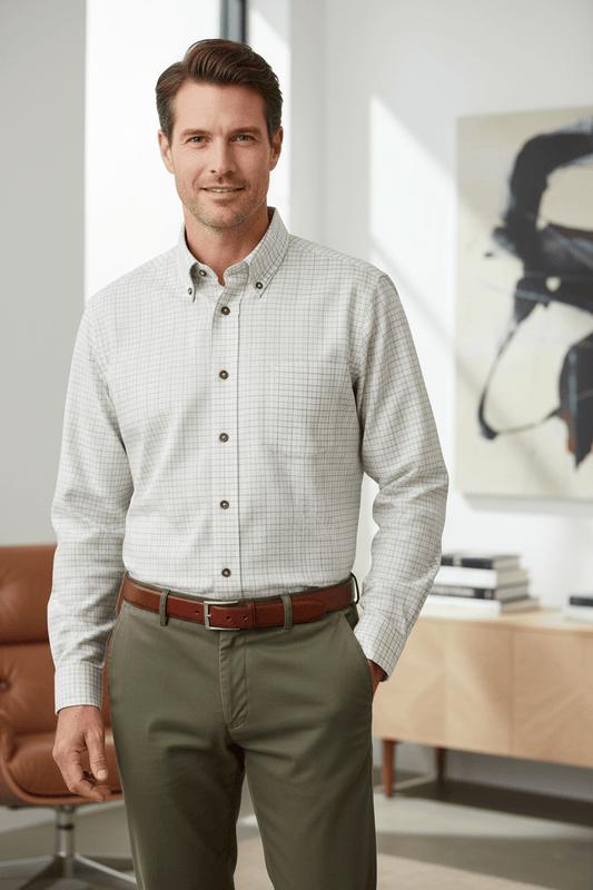 Viyella White & Blue Gingham Winter Sport Shirt - Long Sleeve Style