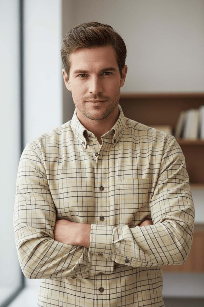 Viyella Tan Plaid Men's Stylish Long Sleeve Button-Down