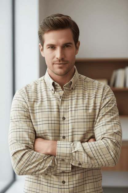 Viyella Tan Plaid Men's Stylish Long Sleeve Button-Down